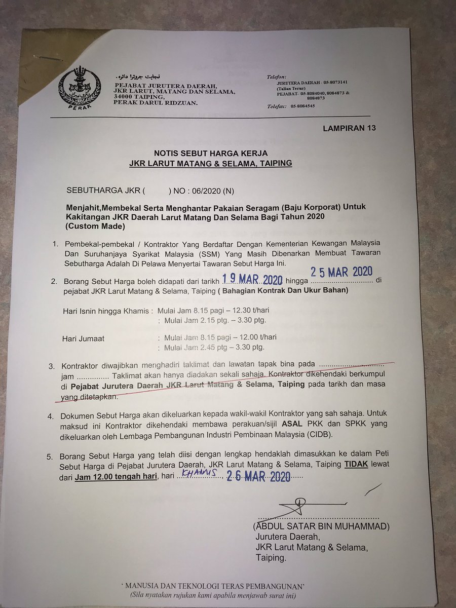 Assalamualaikum dan Salam Sejahtera

Kontraktor yang layak dijemput hadir bagi kerja sebutharga seperti diiklankan di bawah.

Sekian terima kasih. <a href="/JKRPERAK/">JKR PERAK</a> <a href="/Roslan_AGhani/">Roslan Abd Ghani</a>  <a href="/satarm_satar/">abdul satar muhammad</a>