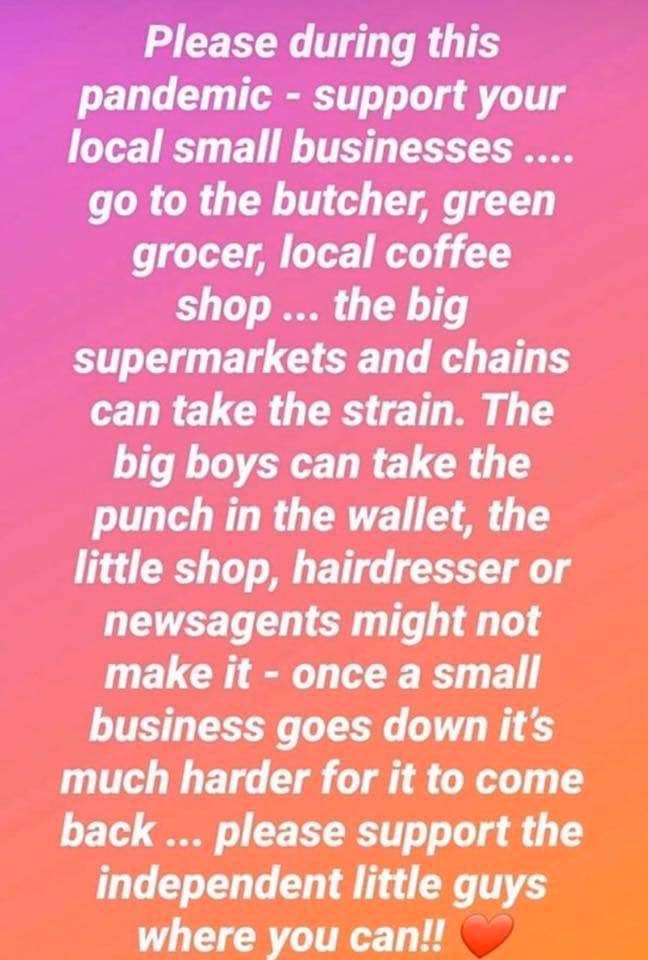 I know many of us individuals do this on a regular basis but it is even more critical now! 

Many of us are struggling and if people calm down, take common sense and adjust then business will flourish and the community spirit we have lost for so long will come back.