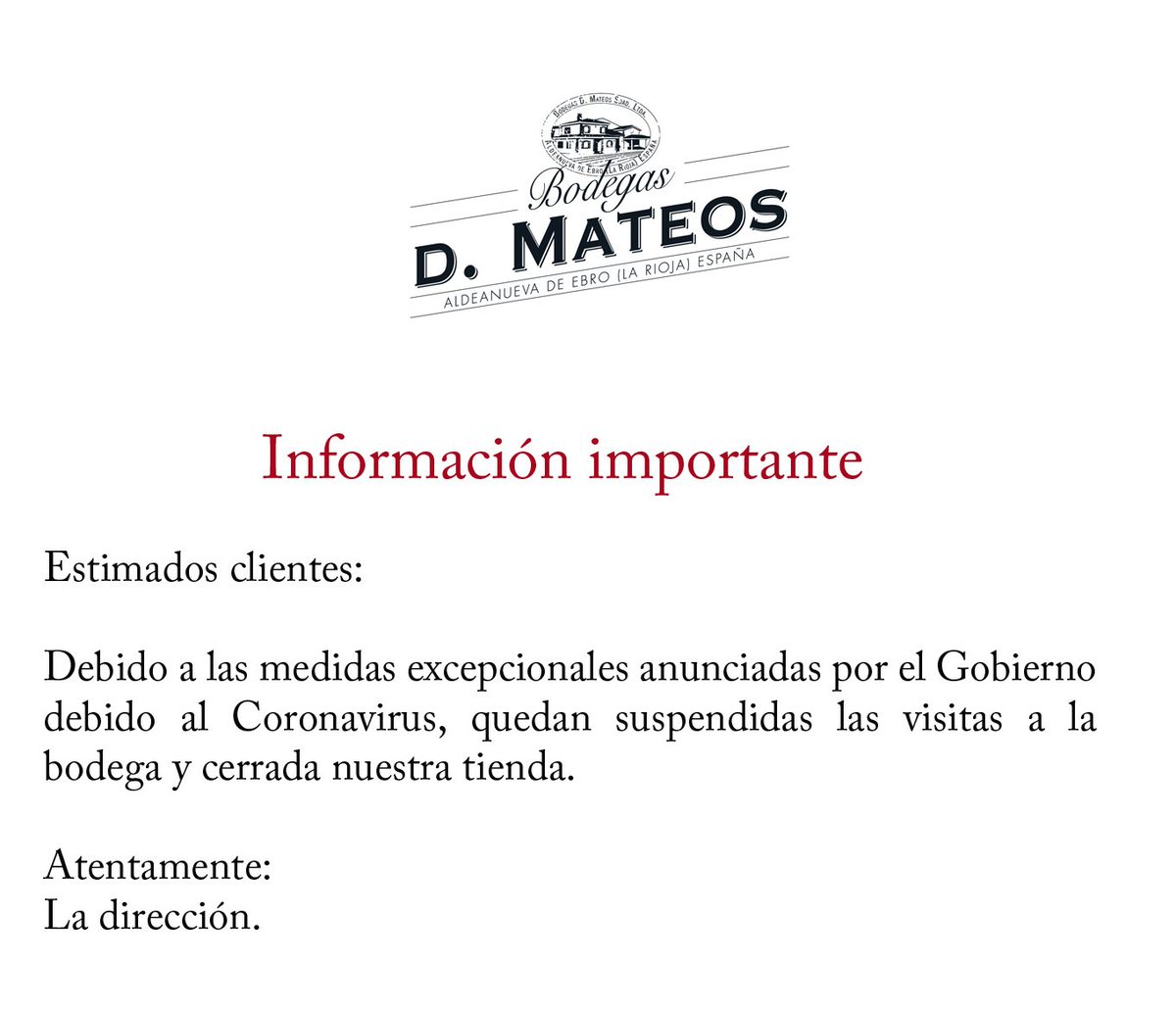 Desde Bodegas D.Mateos seguiremos las recomendaciones por parte del Ministerio de Sanidad para la contención del #Covid19. También, queremos enviar un mensaje de apoyo y agradecimiento a todos los sanitarios que nos están cuidando.#LaMateo #BodegasMateos #yomequedoencasa