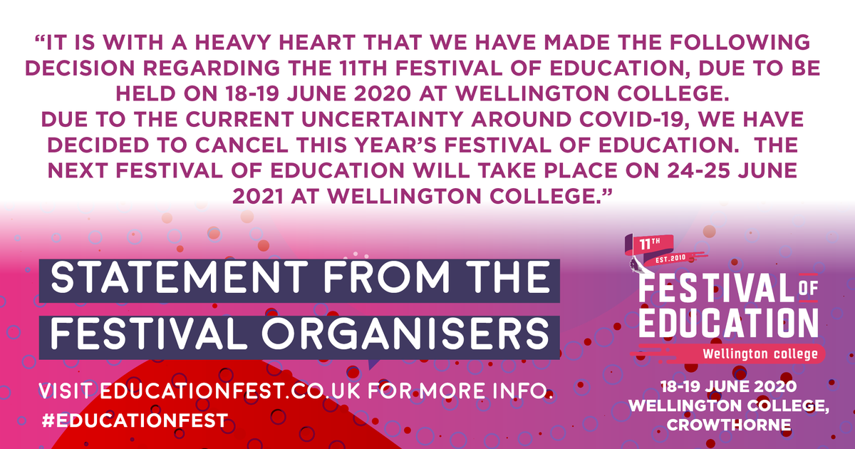 STATEMENT | #EducationFest

Due to the current uncertainty around Covid-19, we have decided to cancel this year’s Festival of Education.

WC &amp; Lsect are devastated by this decision, it's the only viable option given the current situation. 

More info &gt; educationfest.co.uk