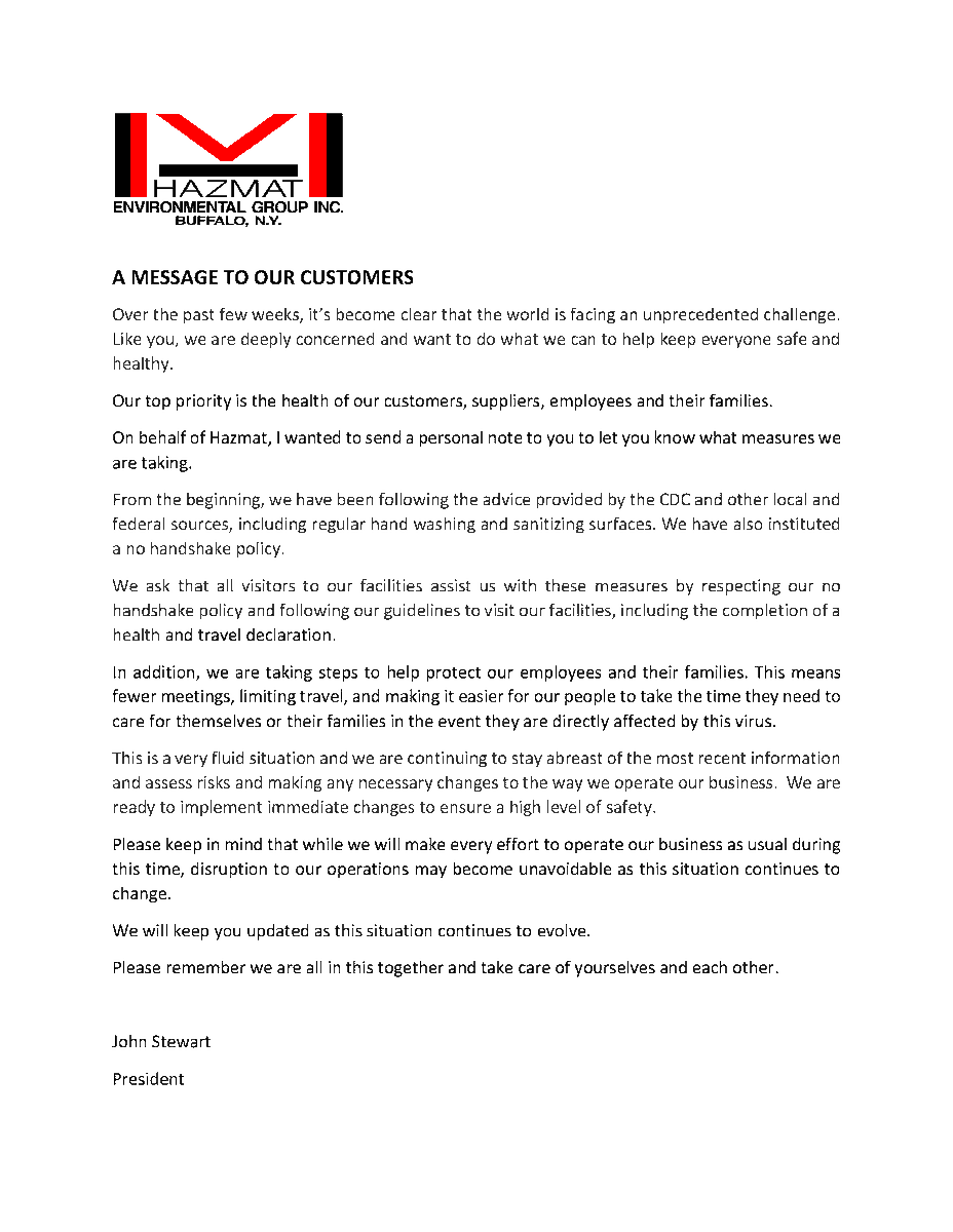 A message to our HazMat Environmental Group customers in response to COVID-19.