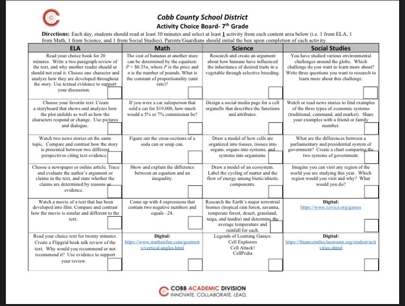 ClossonEdu's tweet photo. Good Morning 7th grade! If you are visiting the social studies blog this morning looking for your assignment be sure to click on the link at the top to open the choice board. Contact your teacher with any questions! https://t.co/eOrJc3mkXf