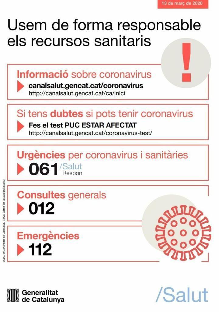 Usem de forma responsable els recursos sanitaris.
WEB i telèfons de contacte.
Informació Coronavirus: canalsalud.gencat.cat/ca/inici
Dubtes si es pot tenir coronavirus: canalsalud.gencat.cat/coronavirus-te…
Urgències Salud respon: 061
Consultes generals: 012
Emergències: 112 
collnargo.ddl.net/novetats.php?i…
