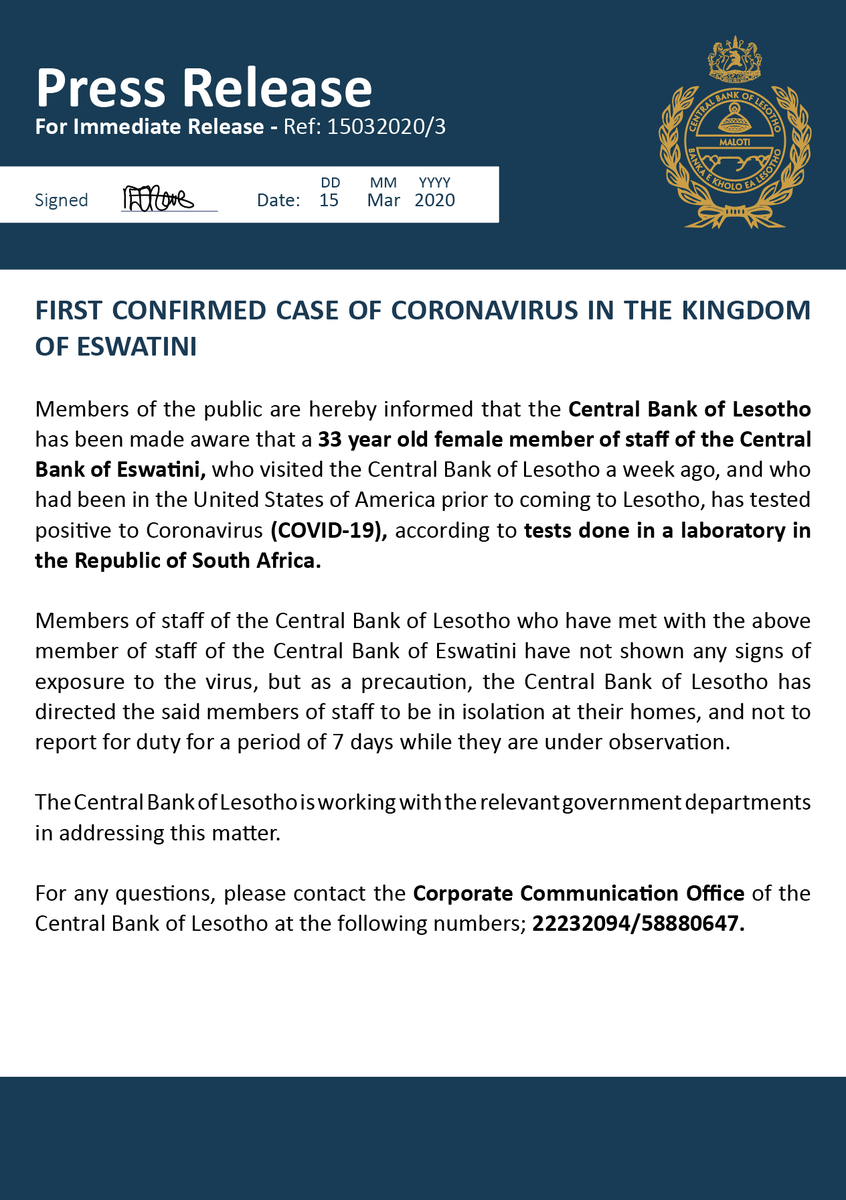 BankLesotho's tweet photo. First confirmed case of coronavirus in the kingdom of Eswatini https://t.co/f50xv6oYdG