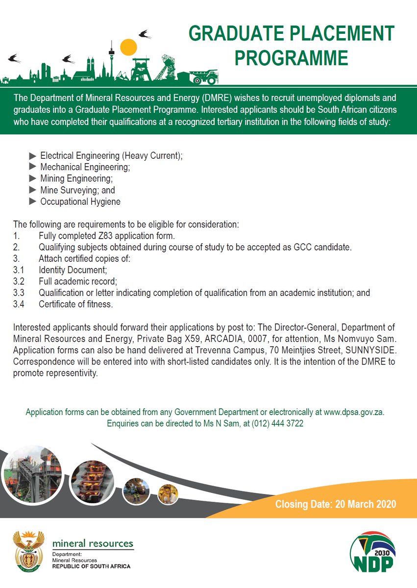 UJCareerService's tweet photo. Hey UJ 😀
The Department of Mineral Resources and Energy (DMRE) are looking for grads to join their grad programme.
Closing Date: 20 March 2020
#GradProgrammes
#SpreadTheWord
#YourFutureCareer
#UJCareerServices
#YourCareerReimagined https://t.co/ZgTxOp8fwa