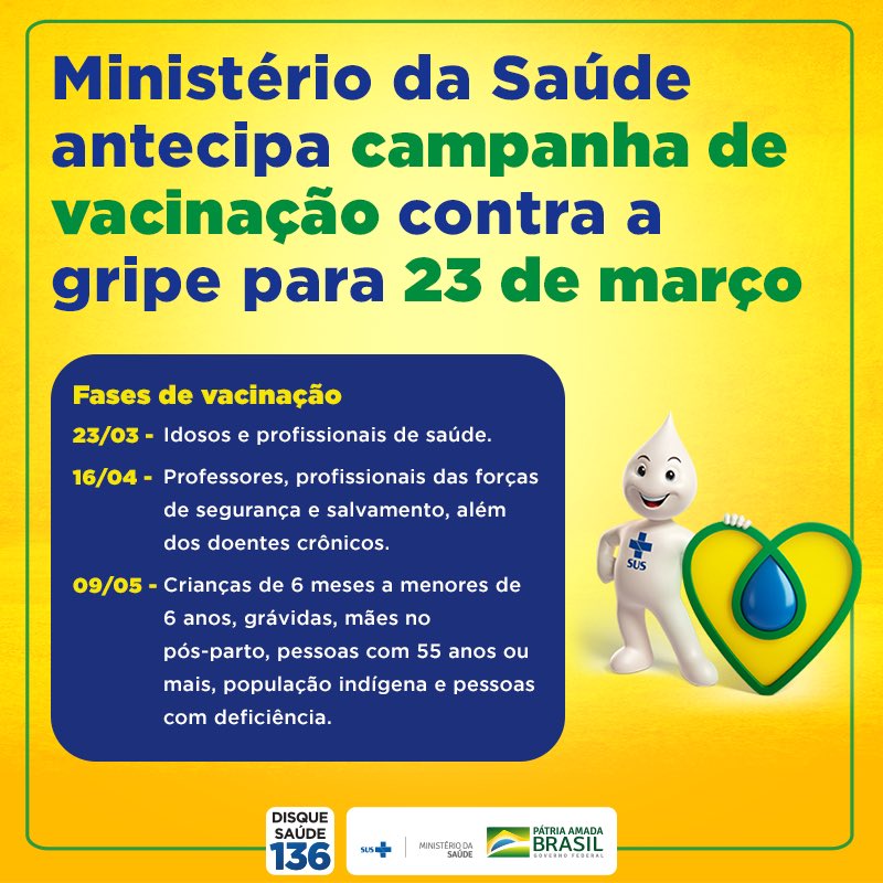 Confira o cronograma da Campanha Nacional de Vacinação contra a Gripe! Por favor, agende-se e ajude a divulgar🇧🇷. Obrigado!