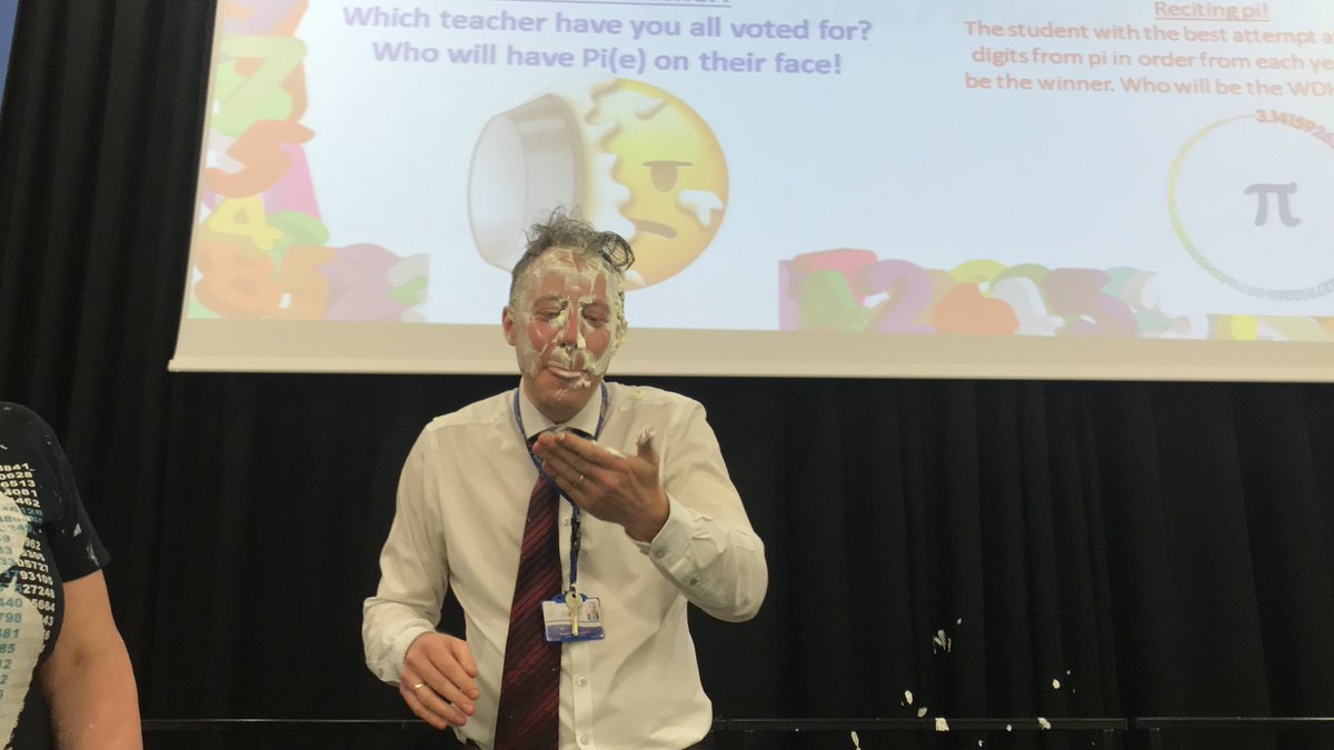 wadedeacon's tweet photo. Great fun with the kids and @WadedeaconMaths on Friday as they celebrated Pi Day. Huge well done to Libby Edge from our Year 9 who recited an incredible 215 digits beyond 3.14 - unbelievable! The Pi (e) the Teacher at the end was a mess - as you can see. Well done everyone! https://t.co/C2Wejm5ZEk