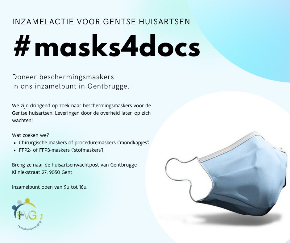 kaagentfdn's tweet photo. Belangrijk bericht Huisartsenvereniging Gent: om 14u opent eerste inzamelpunt voor beschermingsmaskers in Gentbrugge. Morgen en komende dagen: van 9u tot 16u. Supporter voor de zorgmedewerkers, supporter voor elkaar! #COBW #MaskersVoorDokters #masks4docs #SamenTegenCorona https://t.co/vKSfmNvQNK