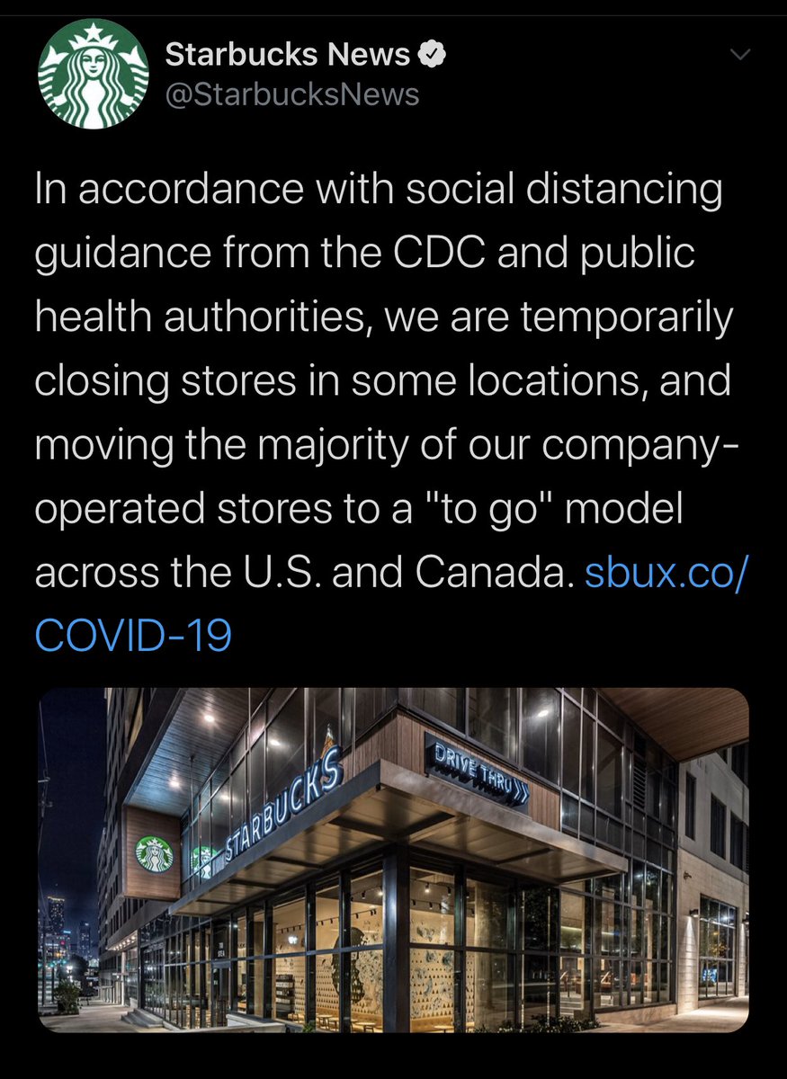StevenDialFox4's tweet photo. .@Starbucks and @ChickfilA both moving to a "to go" order only system to limit person to person contact. Chick-fil-A will have their drive thru open. Some Starbucks stores will be closed. @FOX4 #Coronavirus https://t.co/s1ceAe9us5