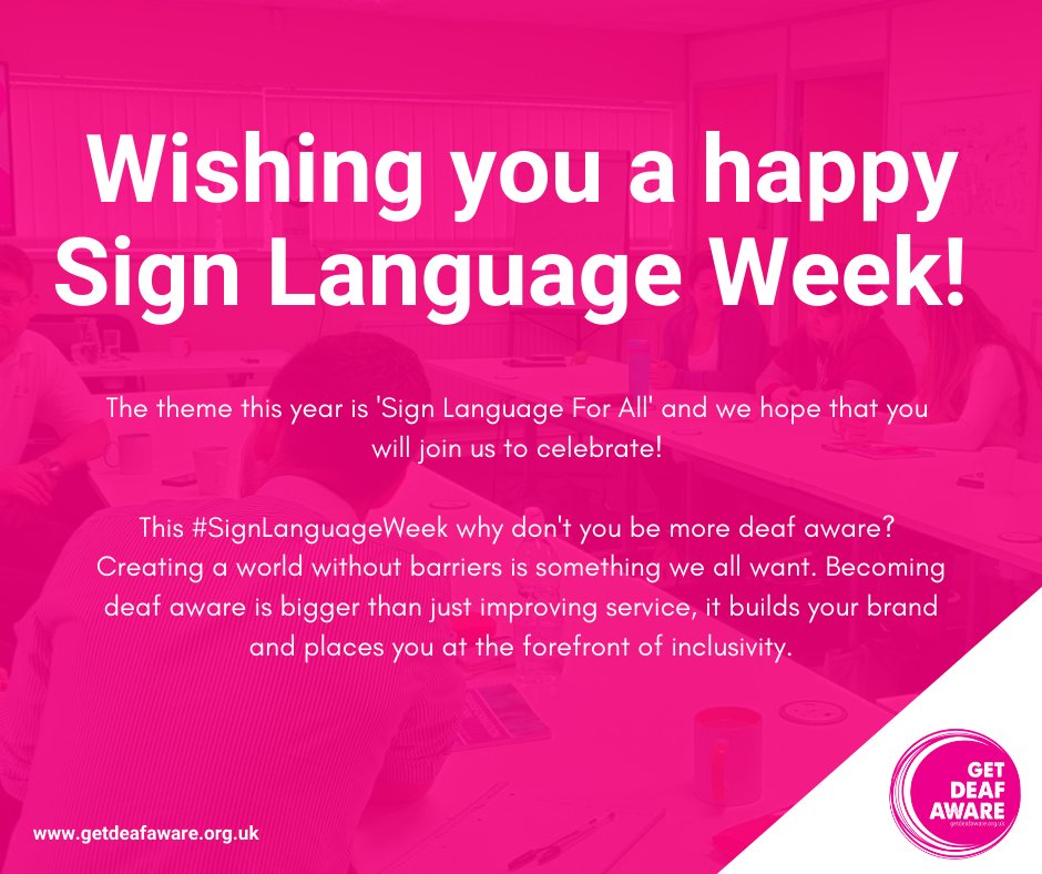 Get Deaf Aware would like to wish you a Happy #SignLanguageWeek!

This year the theme is 'Sign Language For All' and we would love it if you could join us to celebrate! 

#signlanguageweek #SignLanguageForAll