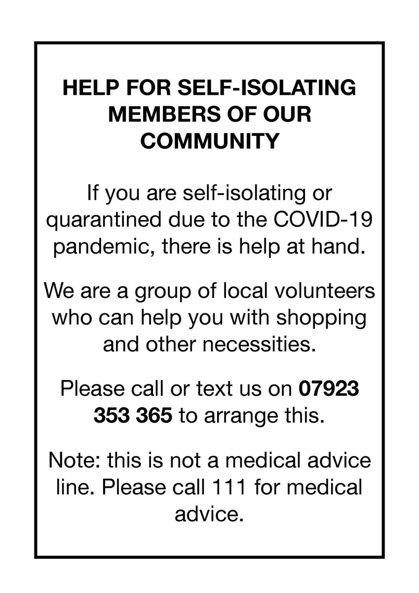 Volunteers in #Southampton will be distributing this flyer offering support to isolated people during this Coronavirus outbreak. If you know anyone isolated who needs help, they can call 07923353365 &amp; we'll try to connect them with volunteers.
NB: For medical advice, contact 111.