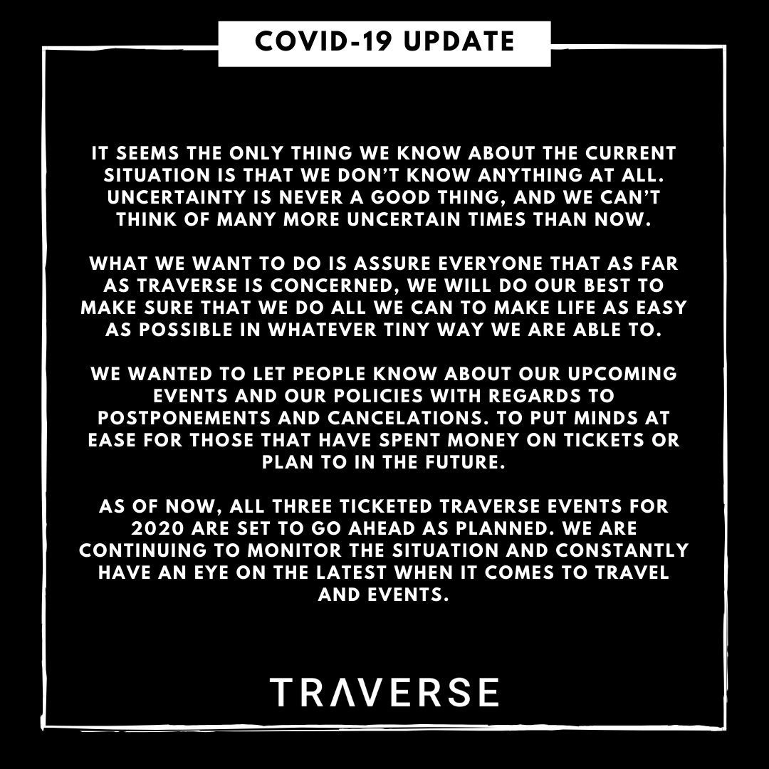 TraverseEvents's tweet photo. A statement from the Traverse team on COVID-19 and our upcoming events...
#KeyFrame20 #Traverse20 #BorderlessLive https://t.co/A2WyOagwY8