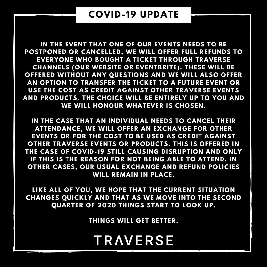 TraverseEvents's tweet photo. A statement from the Traverse team on COVID-19 and our upcoming events...
#KeyFrame20 #Traverse20 #BorderlessLive https://t.co/A2WyOagwY8