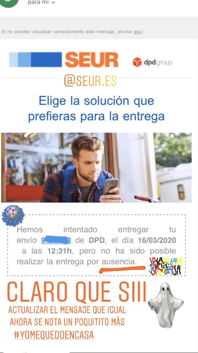 Estaba de parranda, a no... #YoMeQuedoEnCasa <a href="/SEUR_responde/">@SEUR_responde</a>