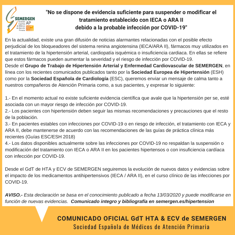 SEMERGENap's tweet photo. 🔊"No se dispone de evidencia suficiente para suspender/modificar el tratamiento establecido con IECA o ARA II debido a la probable infección por COVID-19", vía @vic_pallares  @gt_hta
 ℹ️https://t.co/PrzhoJqsj4 https://t.co/iF09sc9Y7R