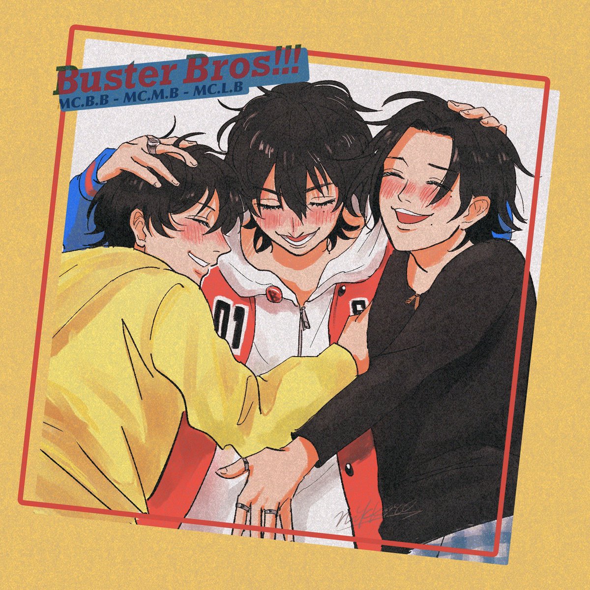 multiple boys mole smile jacket black hair hand on another's head ring  illustration images