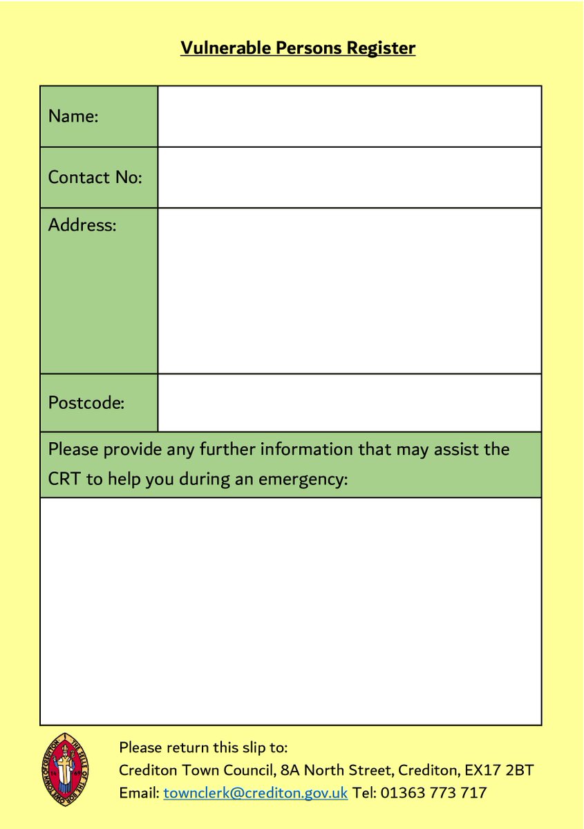 The Crediton Emergency Plan team have been working to compile a list of ‘vulnerable people’ to ensure we know who may need extra help during any emergency. If you consider yourself to be vulnerable in any way, contact us and we can add you to the Vulnerable Persons Register.