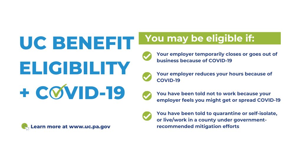 left text: UC Benefit Eligibility + COVID-19
right text:  You may be eligible if:
 Your employer temporarily closes or goes out of business because of COVID-19

Your employer reduces your hours because of COVID-19

You have been told not to work because your employer feels you might get or spread COVID-19

You have been told to quarantine or self-isolate or live/work in a county under government-recommended mitigate

