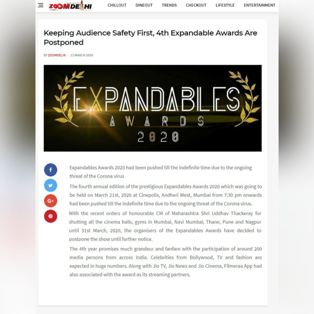iamexpandables's tweet photo. 4th Expandables Awards 2020 postponed till the indefinite time due to ongoing Corona virus threat.

@zoomdelhi

https://t.co/sahliIZfAE https://t.co/NQmHazHeAL