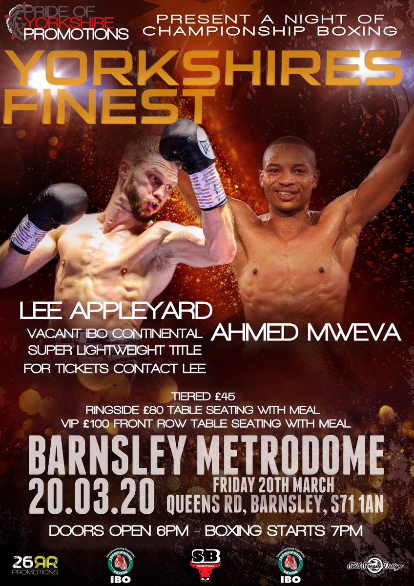 Stefy Bull (@stefybull) on Twitter photo Championship boxing this Friday at Barnsley Metrodome WILL BE GOING AHEAD as originally scheduled <a href="/26RLR/">Ryan Rhodes 👊🏼</a> <a href="/leeappleyard2/">Lee Appleyard</a> <a href="/CallumSimpson9/">Callum Simpson</a> <a href="/Muma_Mweemba/">🇿🇲Muma ‘Bruiser’ Mweemba🇬🇧</a> #Boxing Championship boxing this Friday at Barnsley Metrodome WILL BE GOING AHEAD as originally scheduled <a href="/26RLR/">Ryan Rhodes 👊🏼</a> <a href="/leeappleyard2/">Lee Appleyard</a> <a href="/CallumSimpson9/">Callum Simpson</a> <a href="/Muma_Mweemba/">🇿🇲Muma ‘Bruiser’ Mweemba🇬🇧</a> #Boxing