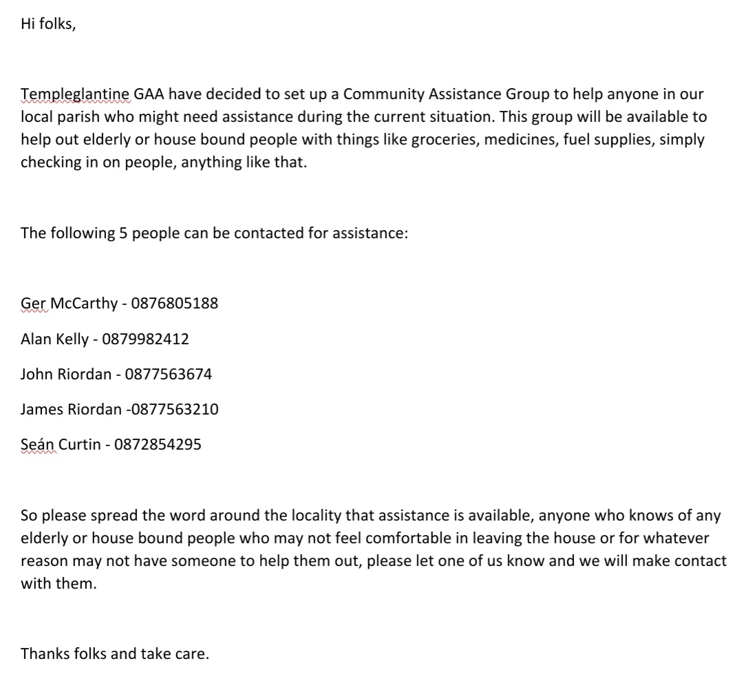 Templeglantine GAA have established a Community  Assistant Group for anyone in the parish needing help during this worrying time. All details are ⬇️ Fav &amp; RT to spread the word💚💛 <a href="/WestlimerickGaa/">WestlimerickGaa</a>
<a href="/WestLimerick102/">West Limerick 102FM</a> <a href="/LimerickCLG/">Limerick GAA</a>