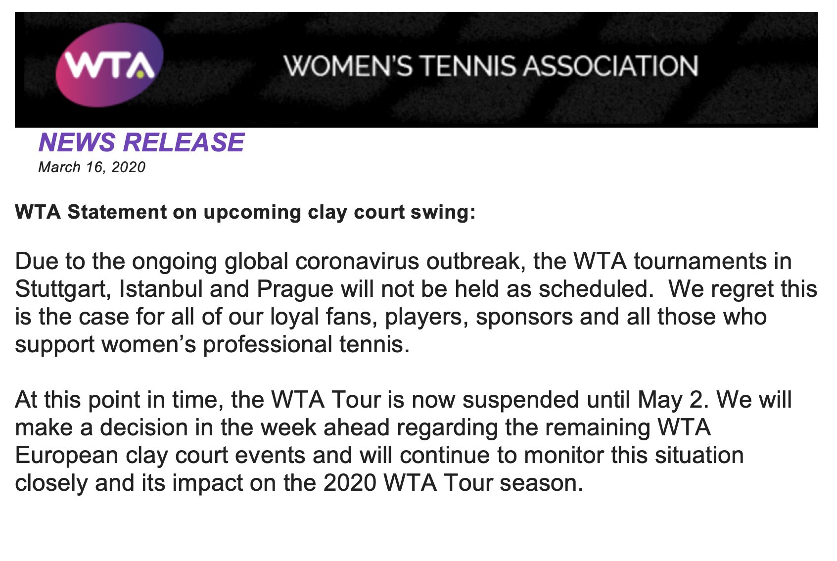 wta on Twitter: "WTA Statement on upcoming clay court swing: Due