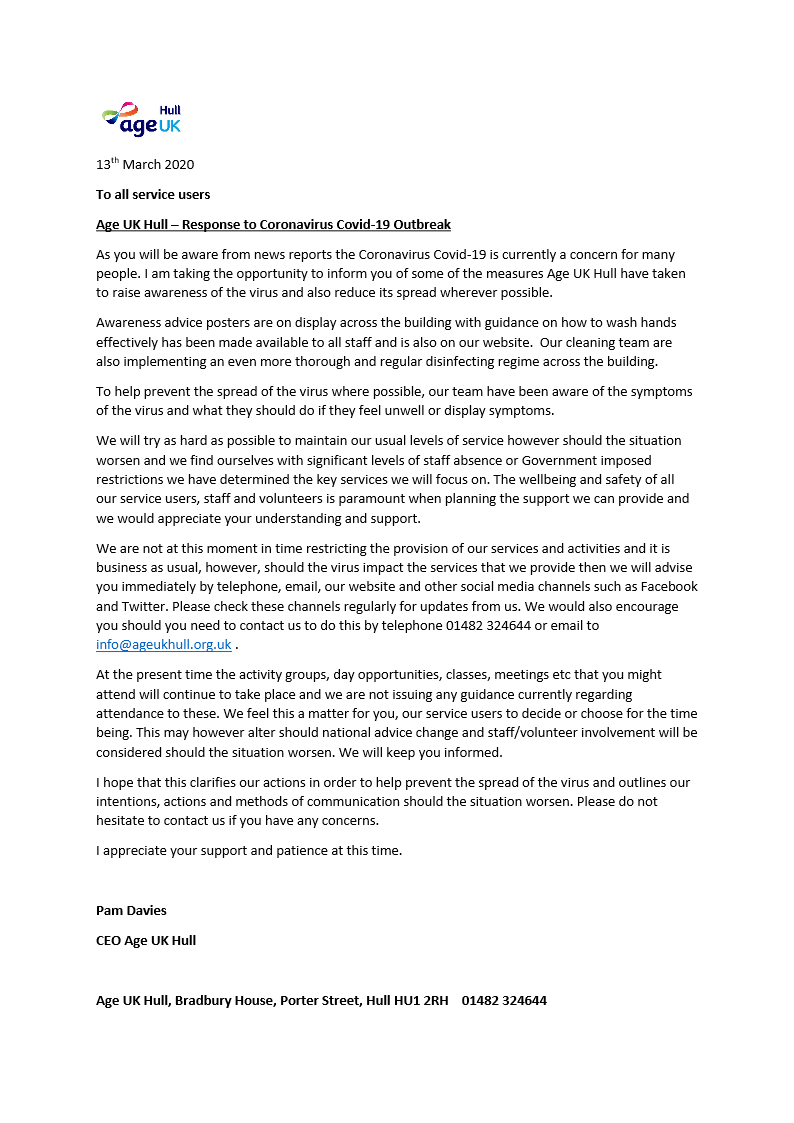 Age UK Hull – Response to Coronavirus Covid-19 Outbreak
Please share with your families &amp; friends