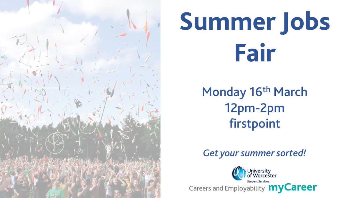 worc_unicareers's tweet photo. TODAY!! It’s the Summer Jobs Fair! Come and get your summer sorted! ☀️😎✔️👍 Monday 16th 12:00-2:00pm in @firstpointUW! See employers and a range of different opportunities that are on offer! https://t.co/tZUwcq0DMO