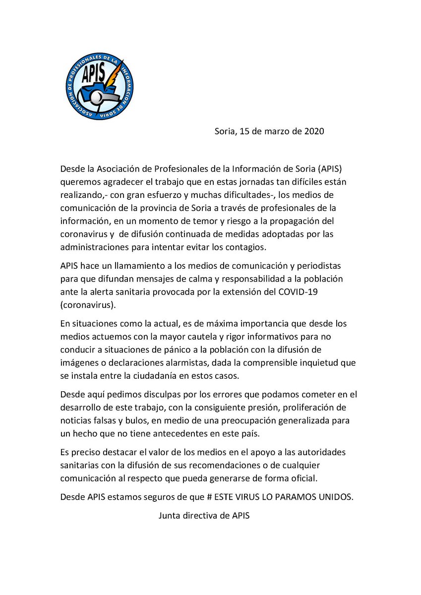 La APIS agradece a los profesionales de los medios sorianos  el gran trabajo que están desarrollando en estos días excepcionales por el coronavirus. ¡Gracias compañeros! 😀Nuestro trabajo es de máxima importancia. Actuemos con cautela y rigor informativo #EsteVirusLoParamosUnidos