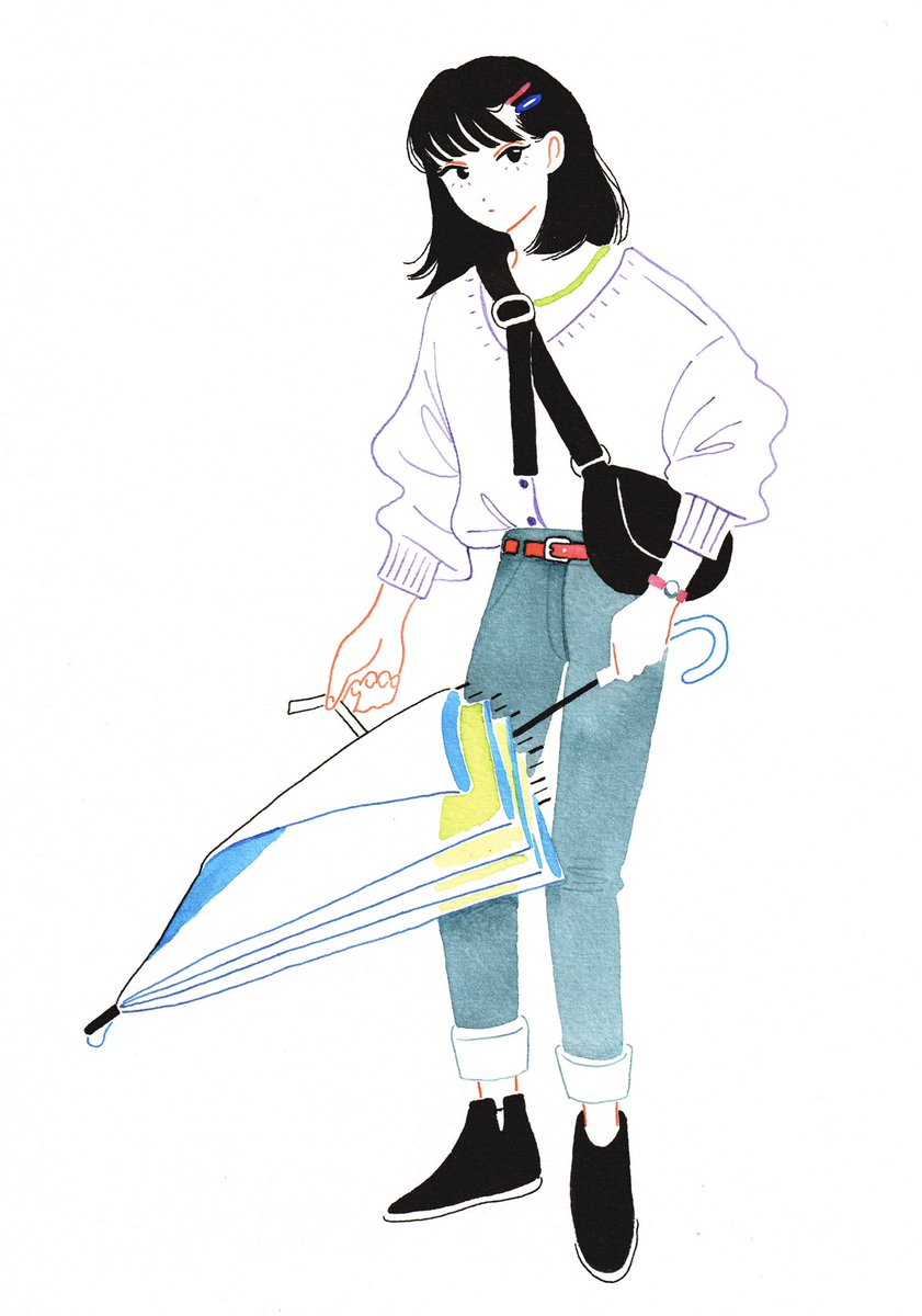 1girl solo pants black hair shoes shirt bag  illustration images