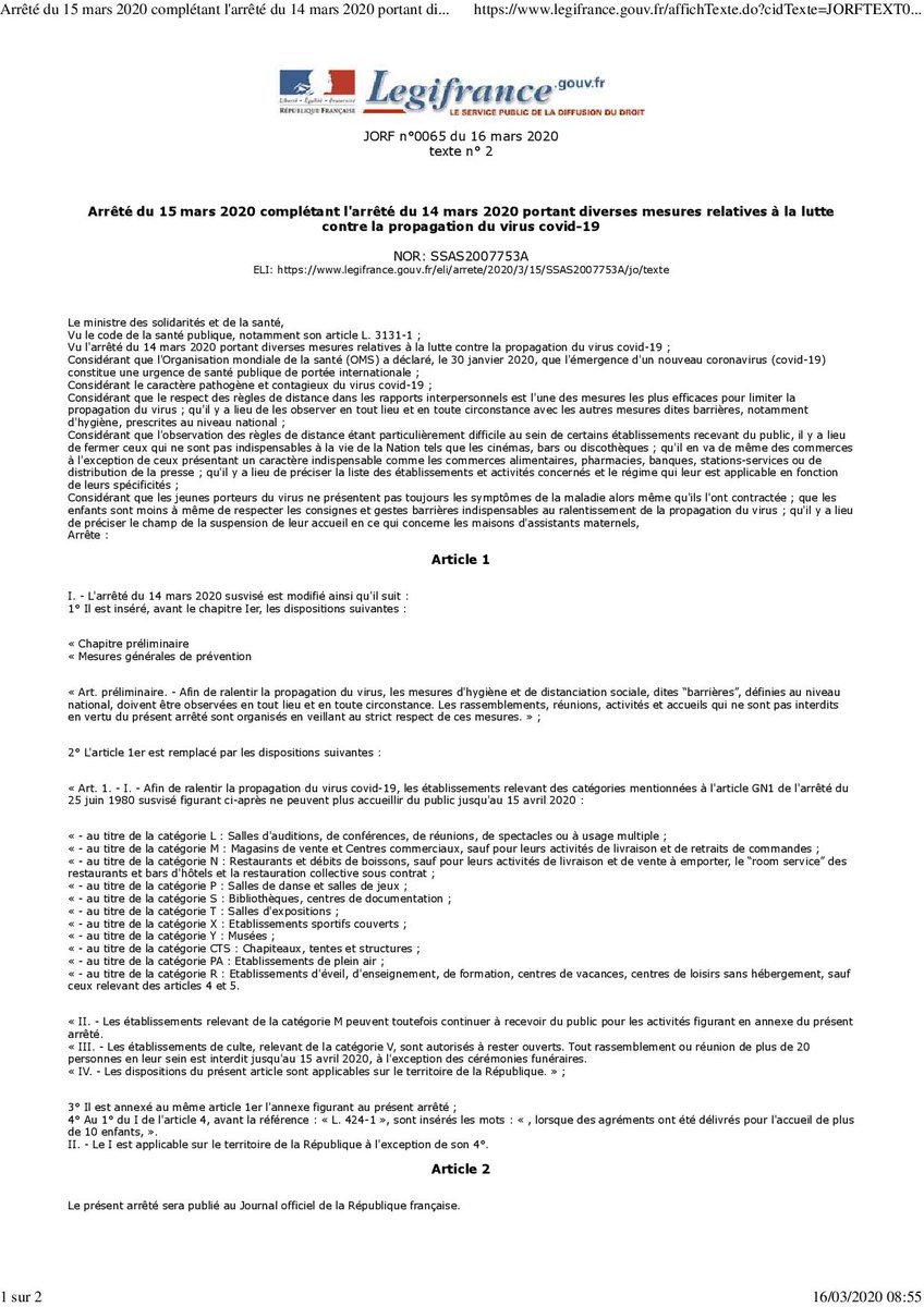 prefpolice's tweet photo. Consultez l'arrêté du @MinSoliSante publié le 15 mars 2020 portant diverses mesures relatives à la lutte contre la propagation du virus et listant les commerces et activités qui doivent fermer.
▶️https://t.co/xiByffkC33 https://t.co/1VqZkmPcKb