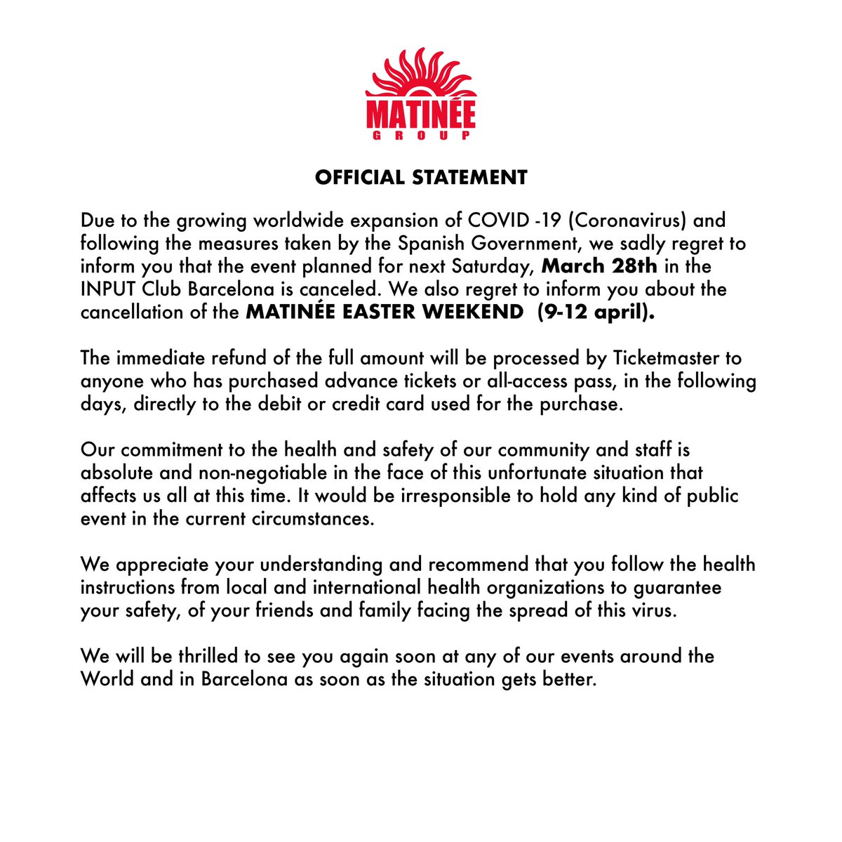matineegroup's tweet photo. 🚨OFFICIAL STATEMENT 🚨⁣
- - - - - - - - - - - - - - - - - - - - - -⁣
🚨 COMUNICADO OFICIAL🚨⁣ ⁣
#MatinéeGroup #MatinéeEasterWeekend #PleaseRead #leer #ComunicadoOficial #OfficialStatemen https://t.co/Q4TOgL6kJb