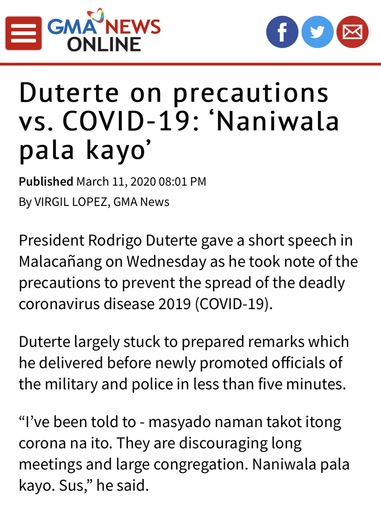 atomaraullo's tweet photo. Headline a mere 5 days ago. Life comes at you fast. Now we’re bracing for an enhanced community quarantine in Luzon. Sincerely hope it helps control the spread of the virus. https://t.co/SSLOo10Oo1