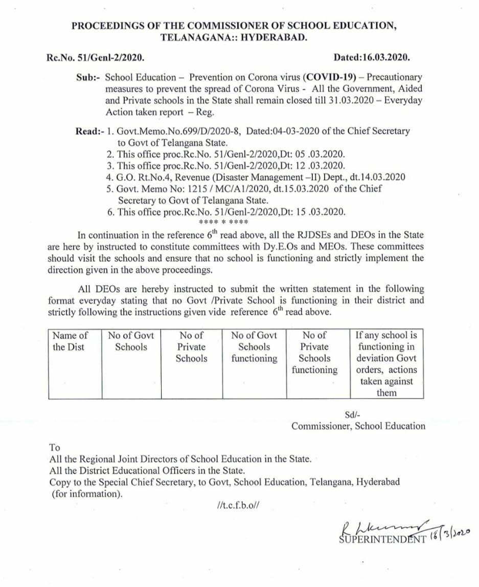 #TS #CDSE #RcNo. 51
Dated:16-03-2020
#Prevention on
#CoronaVirus #COVID_19 
#PrecautionaryMeasures to prevent the spread of #CoronaVirus
All the #Government, #Aided and #Private #schools in the State shall remain #closed till 31-03-2020 #Everyday Action taken report.
#Schools