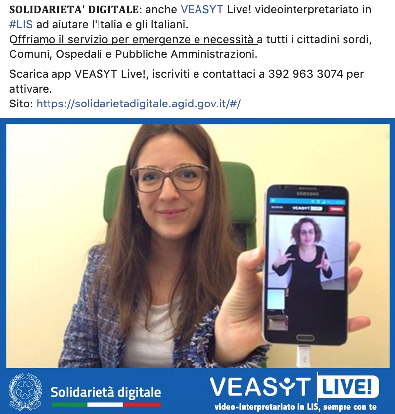 veasyt's tweet photo. #SolidarietaDigitale
@VEASYT è spinoff della ricerca dell'Università Ca' Foscari, e mette a disposizione di TUTTI i sordi e istituzioni italiane il video-interpretariato #LIS.
Lo comunichiamo assieme?
@augustamontarul @renato_minardi @MinisteroSalute @MinLavoro @GiuseppeConteIT https://t.co/Ij0OTurb9w