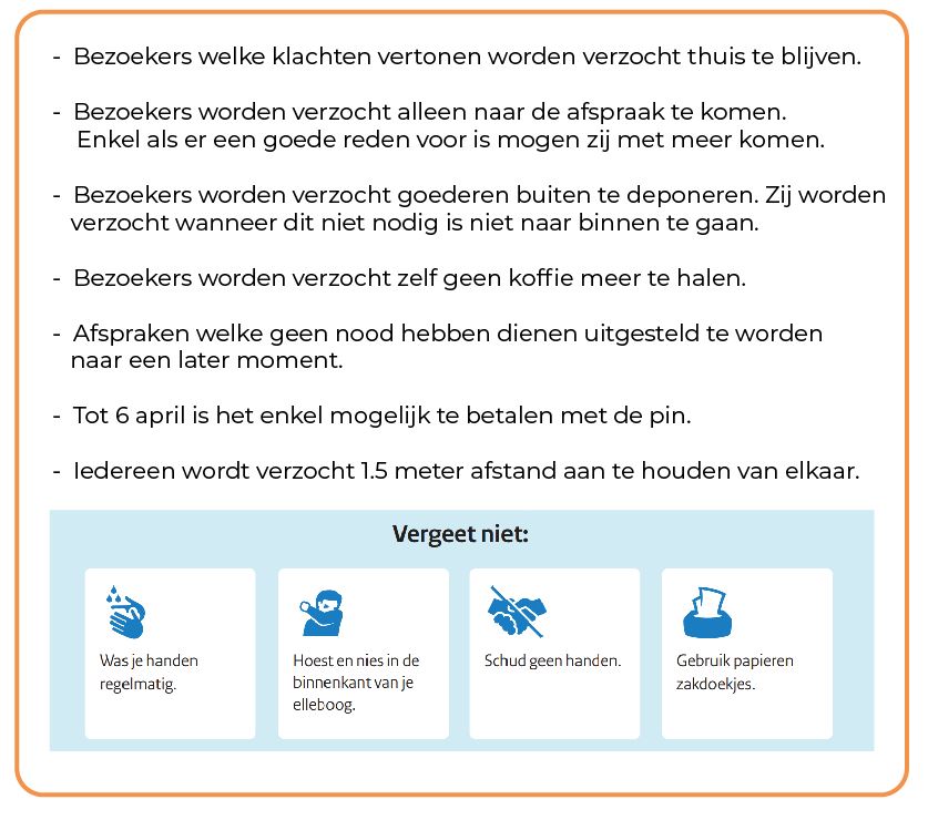 #BEVRI neemt de richtlijnen omtrent het #coronavirus (COVI-19) serieus. Om de verspreiding van het virus te minimaliseren zijn onderstaande maatregelen getroffen: