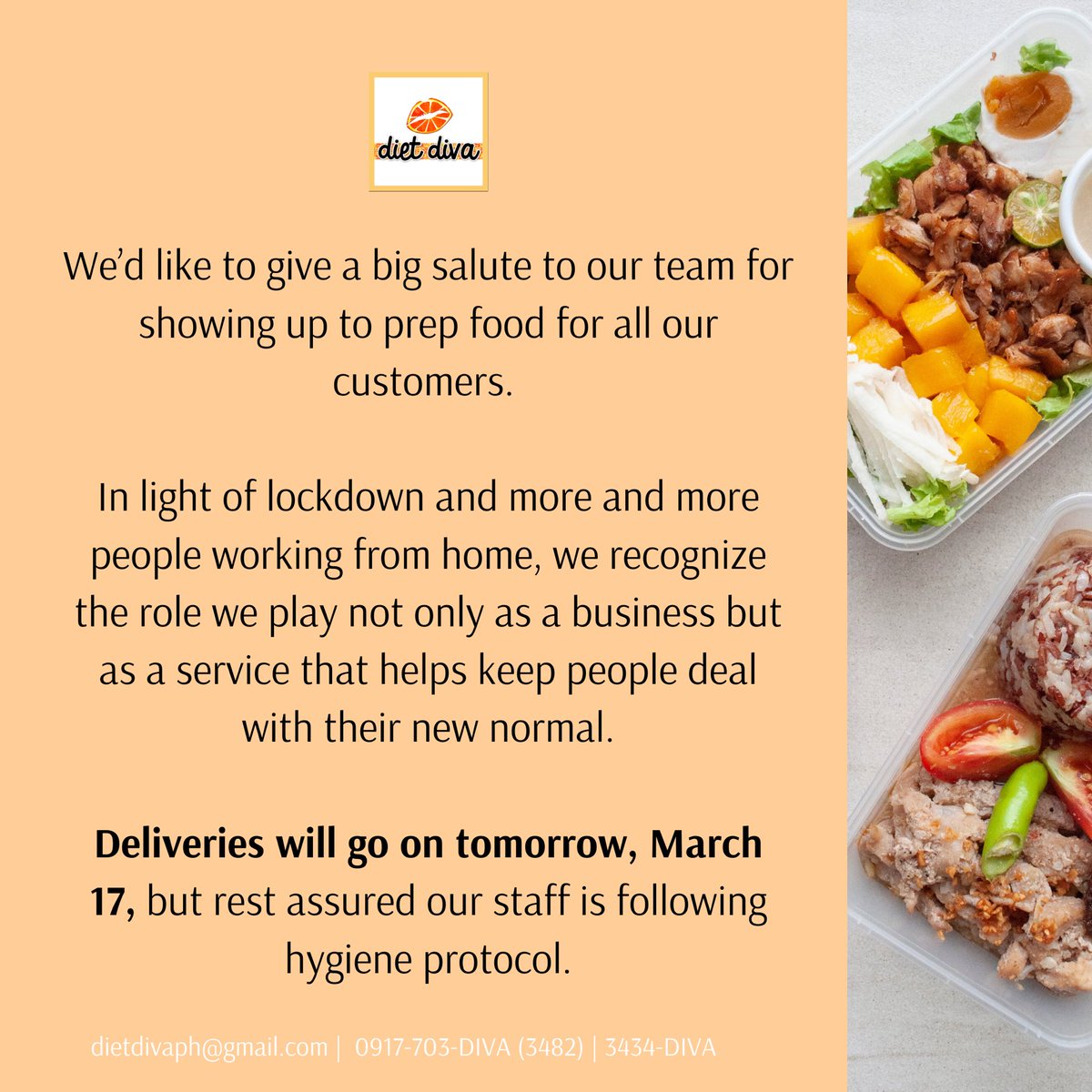 DietDivaPH's tweet photo. ADVISORY: Deliveries will go on tomorrow, March 17, but rest assured our staff is following hygiene protocol. ⁣
⁣
We are also on standby re: Enhanced Community Quarantine.⁣
⁣
Stay tuned for updates and stay healthy everyone! https://t.co/GPQ1ebH3I7