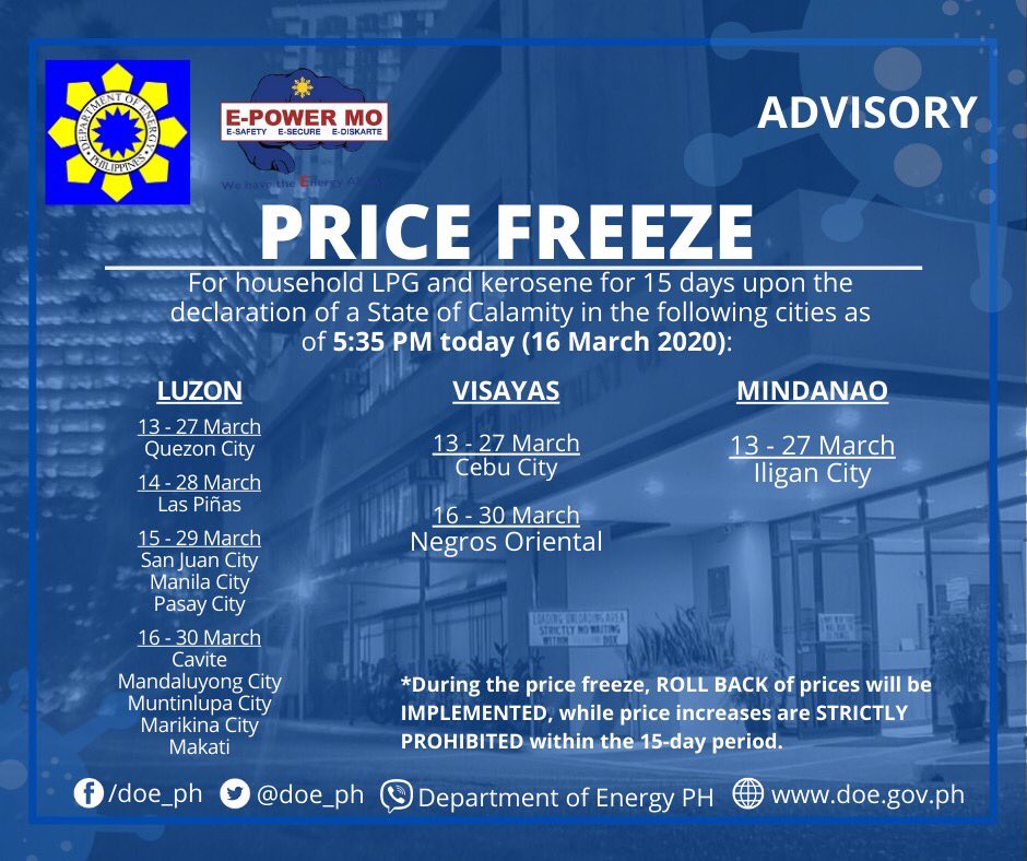 DOEgovph's tweet photo. PRICE FREEZE as of 5:35 PM today, 16 March 2020 

### 

#DOEPH 
#EPowerMo 
#ESafety 
#ESecure 
#EDiskarte 
#Ambisyon2040 https://t.co/XSsufIUFNC