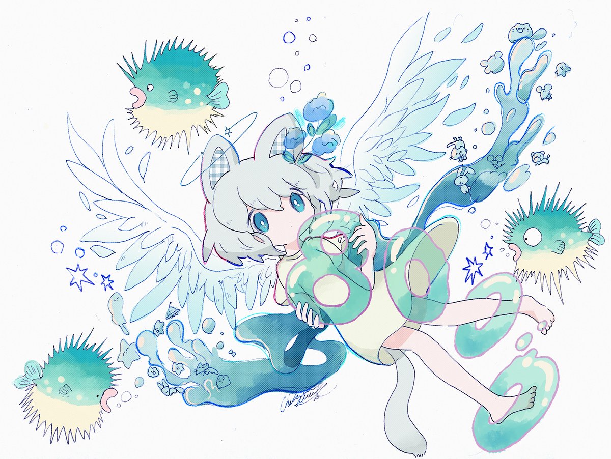 1girl animal ears wings tail solo barefoot cat ears  illustration images