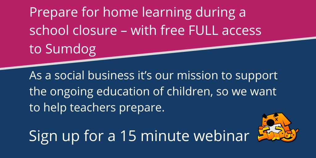 sumdog's tweet photo. We want to help teachers prepare ways to consolidate existing knowledge and keep children engaged in learning outside of the classroom, so we’ve made all of #Sumdog FREE for the duration of a #schoolclosure. 
https://t.co/P9BHAMggbM https://t.co/TgGZn7TGYs