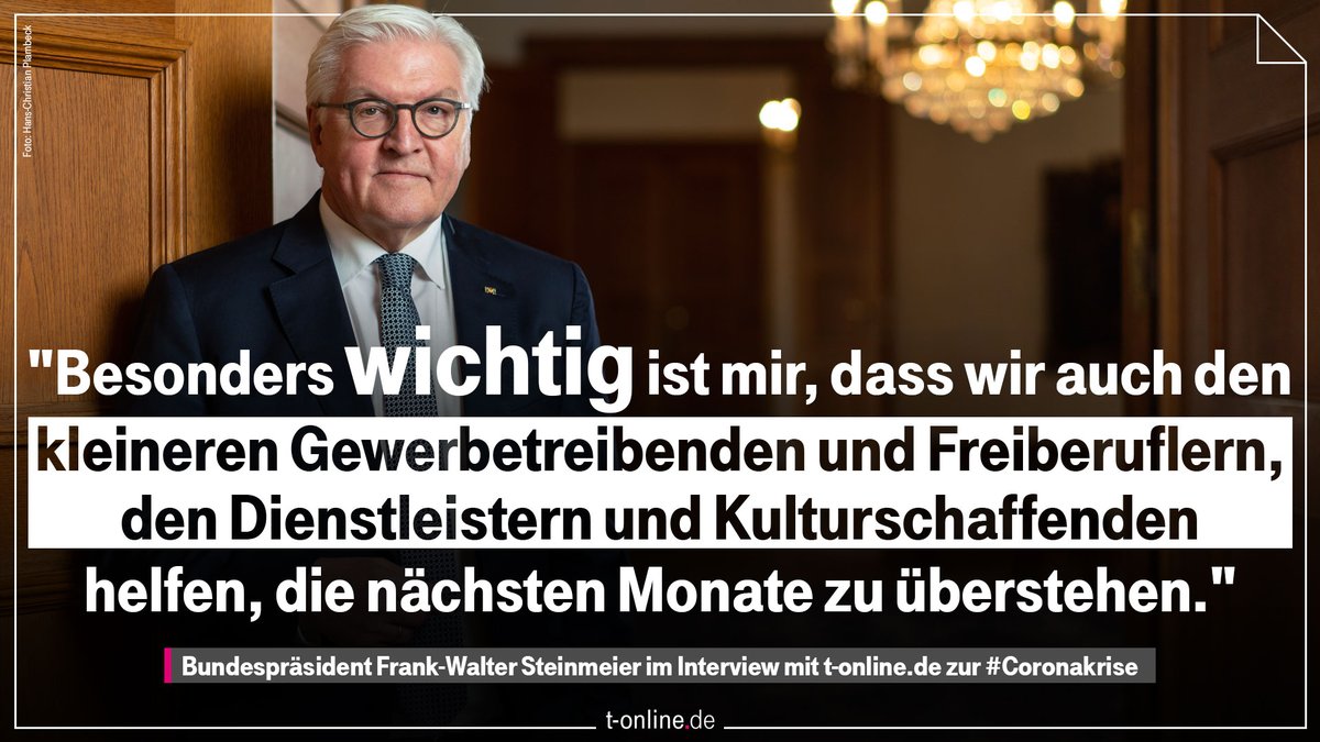 Im #SteinmeierInterview betont der Bundespräsident, dass die #Corona-Krise keine Existenzkrise für Unternehmen werden darf. Er sagt: "Das Virus darf nicht auch noch den Arbeitsmarkt infizieren."
Das ganze Gespräch: t-online.de/nachrichten/de…
#Coronavirus