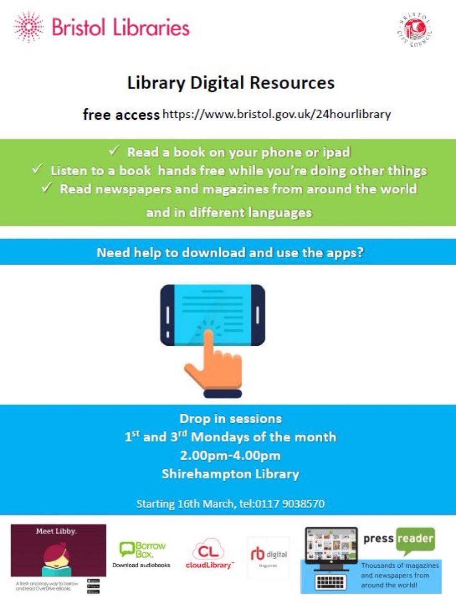 BristolLibForum's tweet photo. TODAY
🔰Monday 16 March 2-4pm
🔰Learn how to use Library Digital Resources
🔰Borrow the #Library “E’s”
👉e-books, e-audio books, e-newspapers & e-mags
🔰#ShirehamptonLibrary #Bristol
🔰Free drop-in sessions
🔰Happens 1st & 3rd Monday of the month
#Shirehampton https://t.co/6IVnds9kbt
