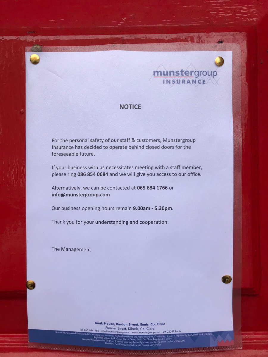 For safety we have decided to operate behind closed doors for the time being. If you must meet with a staff member and you need access to the office call 086 854 0684.
For all other business contact 065 684 1766 or info@munstergroup.com
Our opening hours remain 9.00am-5.30pm