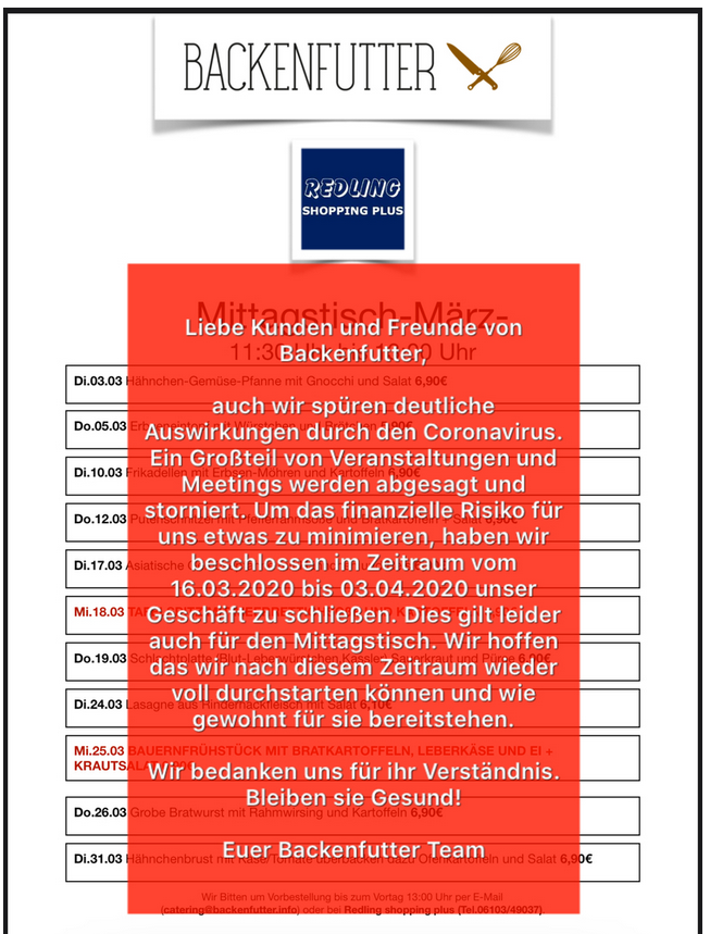 REDLING_SHOP's tweet photo. #Egelsbach #Backenfutter #Redling Leider kein Mittagstisch bis 03.04.2020. Aber wir haben weiterhin für Sie geöffnet. https://t.co/nLPAPXskc0