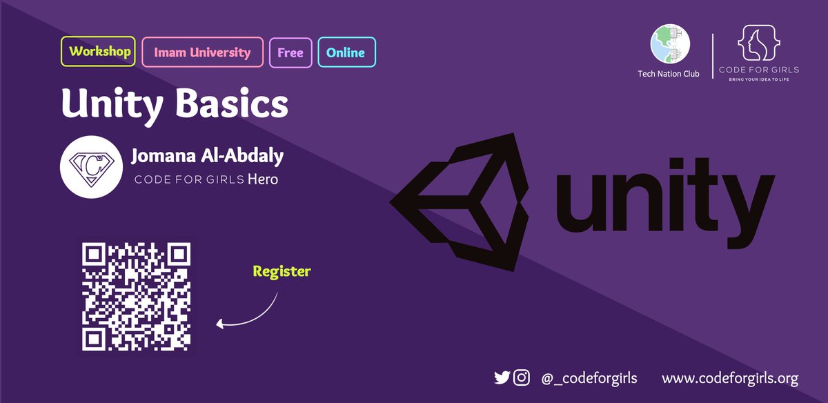 _codeforgirls's tweet photo. بنات جامعة الإمام 👋🏼 جهزوا جداولكم
لورشة عمل لتصميم وبرمجة الألعاب مع Unity
من تقديم بطلتنا/ جمانة العبدلي @_JeJe326 🦸🏻‍♀
يوم الخميس القادم بإذن الله الساعة ٢ م 🕖
بالتعاون مع نادي @CcisClub @CCIS_IMAMU
للتسجيل: https://t.co/oA77puXuom https://t.co/JoERIg9ts3