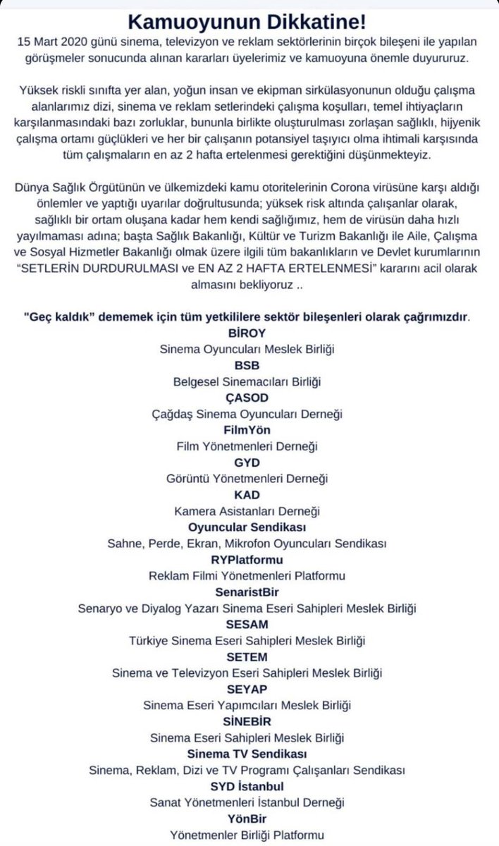 Setlerdeki tüm çalışmaların en az 2 hafta ertelenmesi gerektiğini düşünüyoruz. Geç kaldık dememek için tüm yetkililere sektör bileşenleri olarak çağrımızdır. <a href="/SEYAPSinema/">SEYAPSinema</a> 
#ÇokGeçOlmadan #Covid19 #ÖnceCanGüvenliği