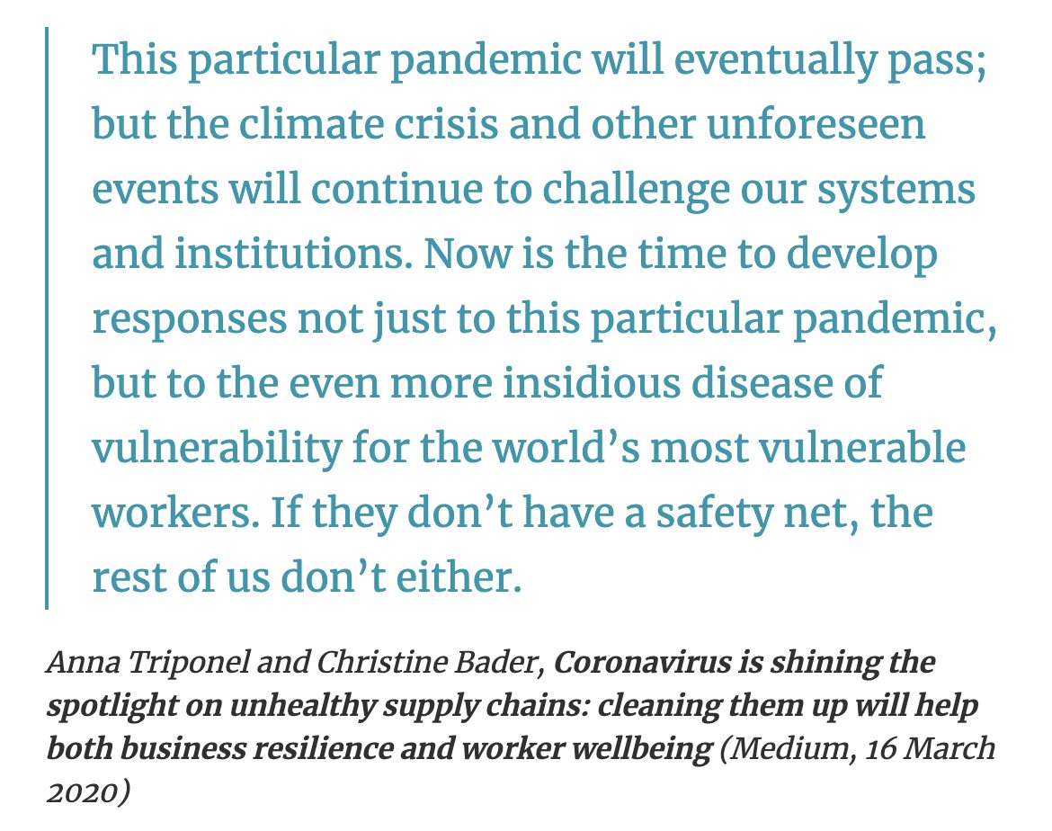 Coronavirus is shining the spotlight on unhealthy supply chains: cleaning them up will help both business resilience and worker wellbeing - article written with @christinebader available here: medium.com/@annatriponel/… #bizhumanrights #COVID19 #coronavirus