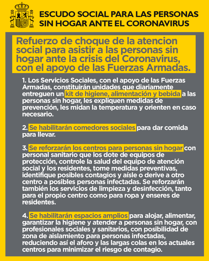 SaludPublicaEs's tweet photo. El Gobierno, con el apoyo de las FFAA, asiste a personas sin hogar ante la crisis del #COVID19 con:

-Entrega de kit de higiene, alimentación y bebida
-Comedores sociales para dar comida para llevar
-Refuerzo de centros sociales

#EsteVirusLoParamosUnidos
https://t.co/ZIIP8KxeWJ https://t.co/WlercaPa8e