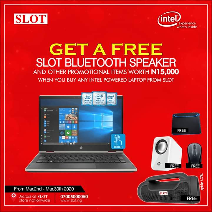 SmileyyTravels's tweet photo. Still On Guys!
Get a FREE SLOT Bluetooth speaker and other promotional items worth N15,000 when you buy any INTEL Powered laptop from @slotlimited store nationwide* Hurry now, offer ends March 30th, 2020.
#SlotIntelPromo #SlotMobile https://t.co/VrWsxkMAU4