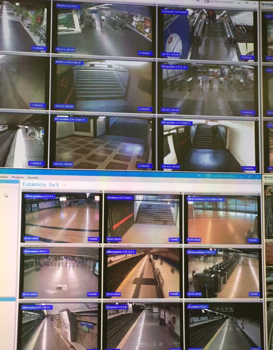 metro_madrid's tweet photo. 🚇 Metro ha sacado el 100% de los trenes de un día laborable habitual y ha habido en hora punta un 75% menos de viajeros que el lunes pasado. Este es el aspecto general a las 7:50. https://t.co/LnukaCgYBQ